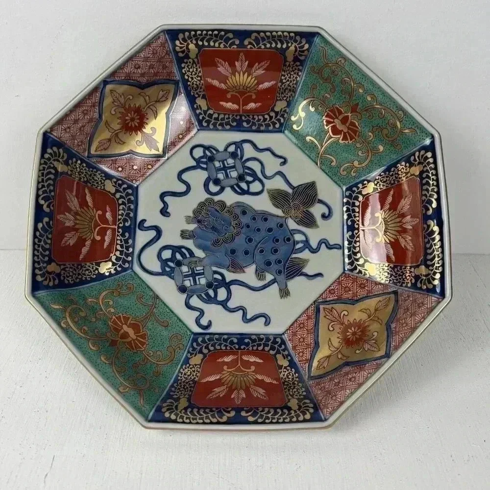 Rinkuro Kiln Old Imari Story Lion And Peony Imari Octagon Bowl 9 inch‎